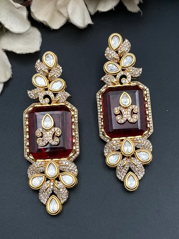 Gold_Red_White_Stone_Ornate_Statement_Drop_Earrings_For_Women