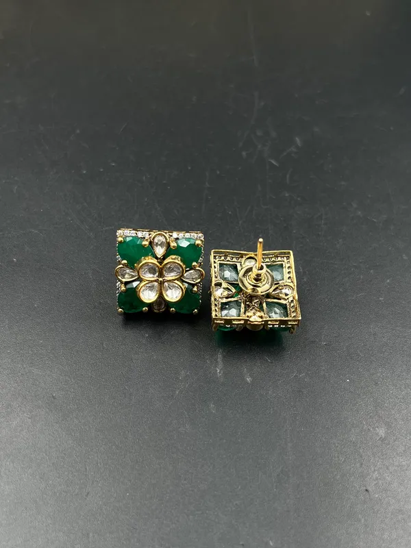 Green_Gold_Tone_Floral_Square_Stud_Earrings_For_Women