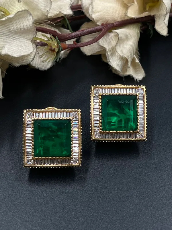 Green_Gold-Tone_Faceted_Square_Stone_Stud_Earrings_For_Women