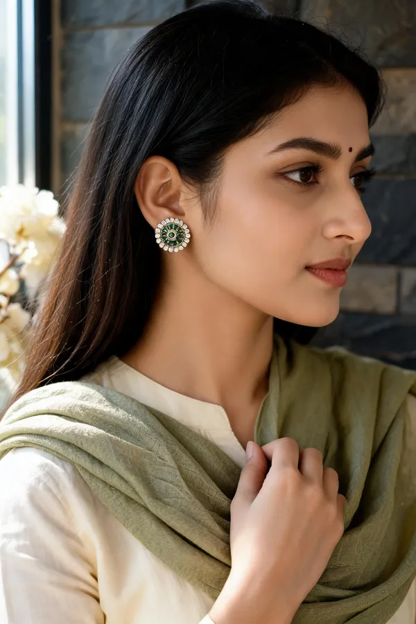 Gold_Green_Clear_Stone_Round_Stud_Earrings_For_Women