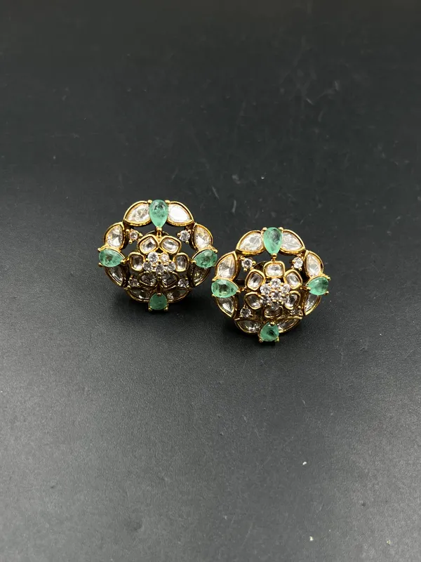 Gold_Green_Clear_Stone_Floral_Round_Stud_Earrings_For_Women