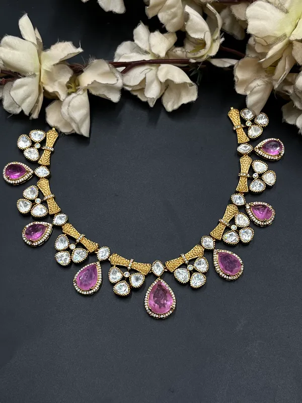 Gold_&_Pink_Floral_Stone_Necklace_And_Earrings_Set