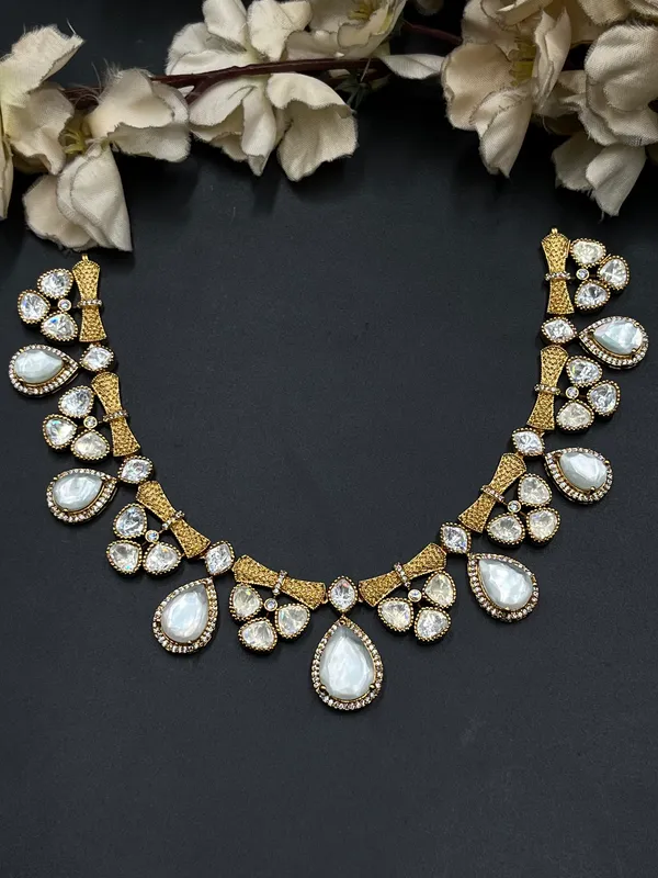 Gold_Tone_Pearl_White_Stone_Necklace_Set_For_Women