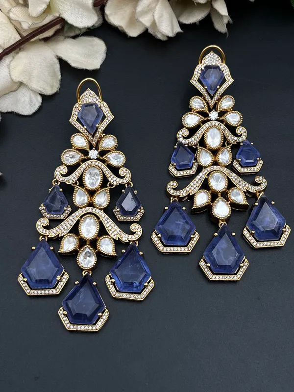 Blue_Gold_Tone_Floral_Chandelier_Earrings_For_Women