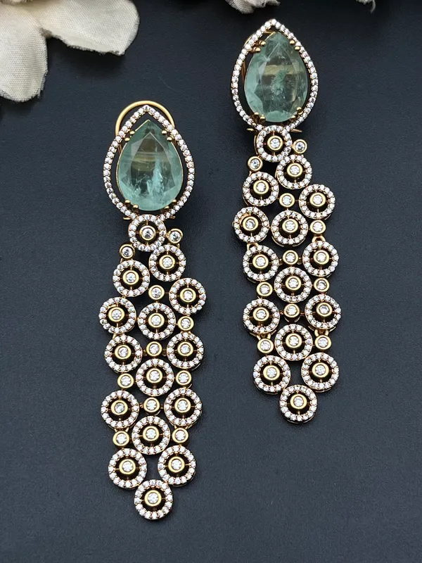 Gold-Tone_Green_Teardrop_Stone_Crystal_Cascade_Drop_Earrings_For_Women