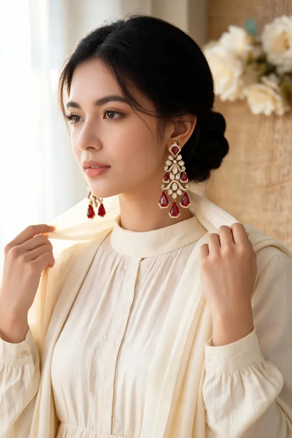 Gold-Tone_Red_Stone_Floral_Chandelier_Drop_Earrings_For_Women