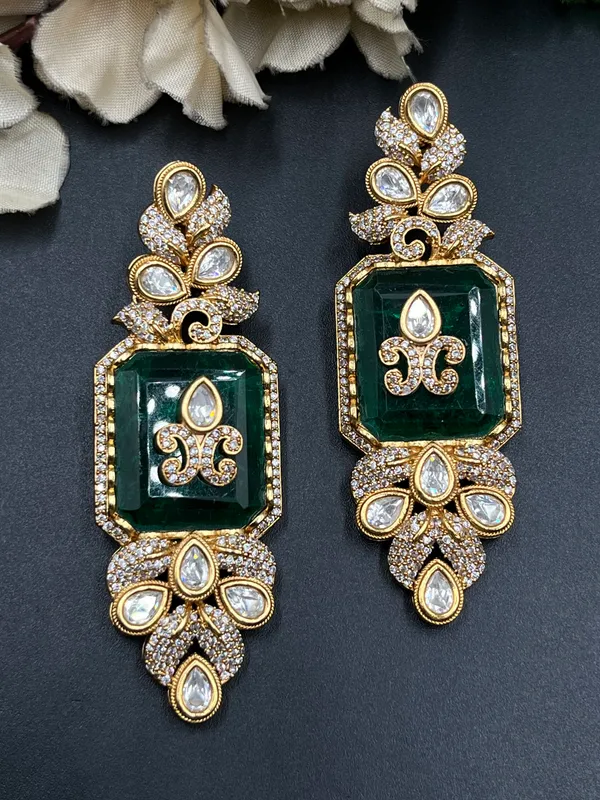 Gold_Green_Rectangular_Stone_Long_Drop_Earrings_For_Women