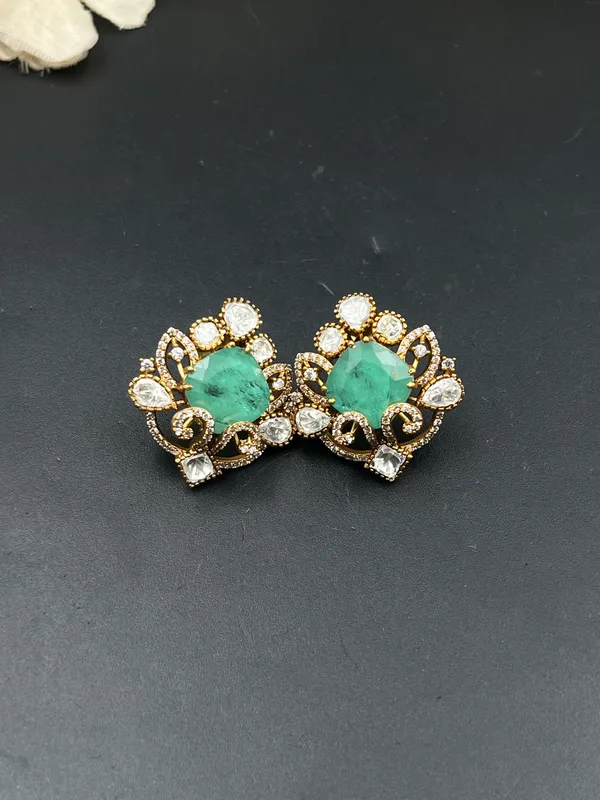 Green_Gold-Tone_Faceted_Stone_Leaf_Detail_Stud_Earrings_For_Women