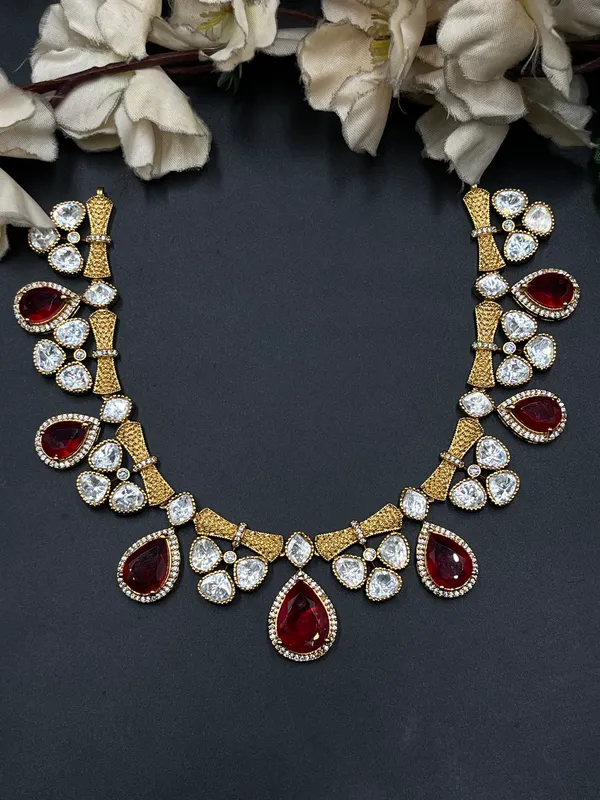 Gold_&_Red_Stone_Teardrop_Necklace_Set_For_Women