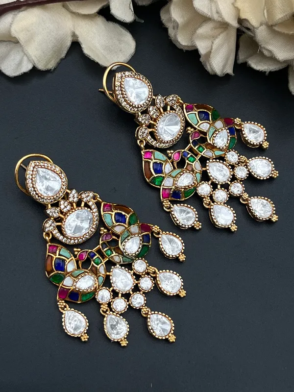 Gold-Tone_Multicolour_Stone_Chandelier_Drop_Earrings_For_Women
