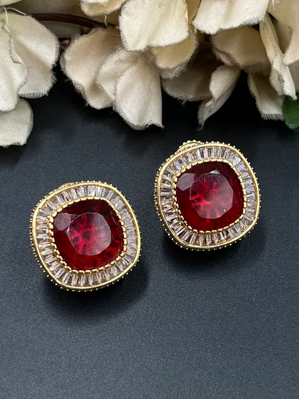 Red_&_Gold_Tone_Gemstone_Square_Stud_Earrings_For_Women