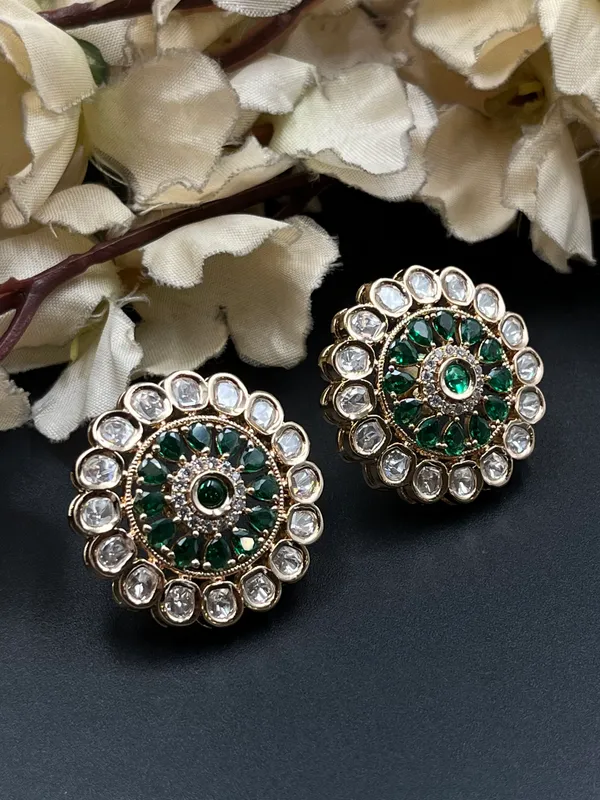 Gold_Green_Clear_Stone_Round_Stud_Earrings_For_Women