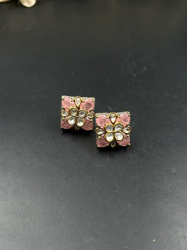 Pink_Gold_Tone_Floral_Square_Stud_Earrings_For_Women
