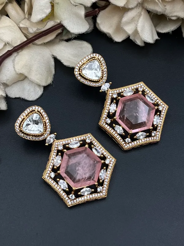 Gold_Pink_Hexagonal_Stone_Drop_Earrings_For_Women