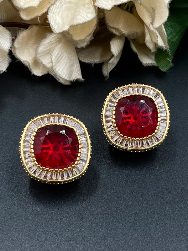 Red_&_Gold_Tone_Gemstone_Square_Stud_Earrings_For_Women