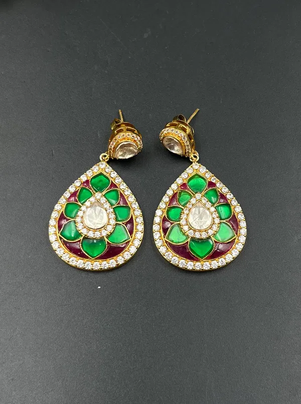 Green_Gold_Tone_Floral_Teardrop_Drop_Earrings_For_Women