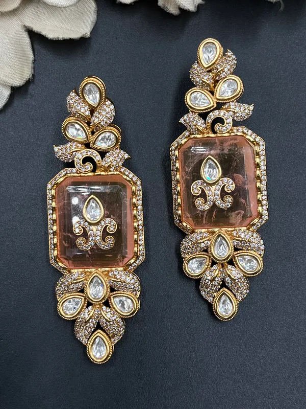 Gold-Tone_Stone_Studded_Floral_Scroll_Drop_Earrings_For_Women