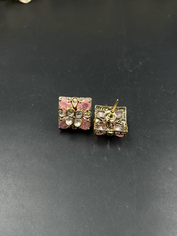 Pink_Gold_Tone_Floral_Square_Stud_Earrings_For_Women