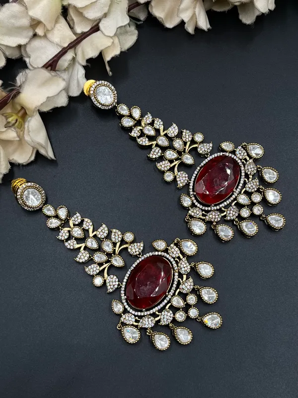 Gold_Red_Stone_Ethnic_Floral_Drop_Earrings_For_Women