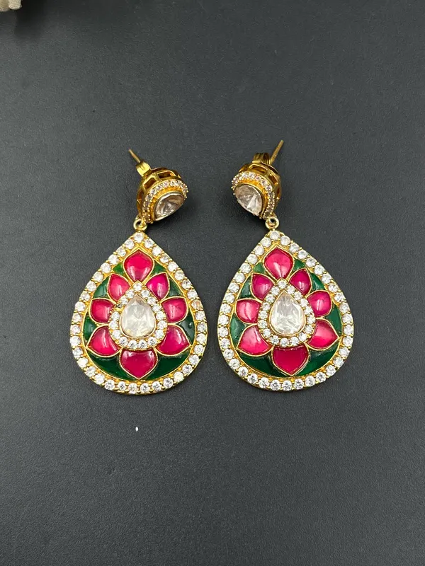 Multicolor_Pink_Green_Enamel_Gold_Tone_Teardrop_Earrings_For_Women