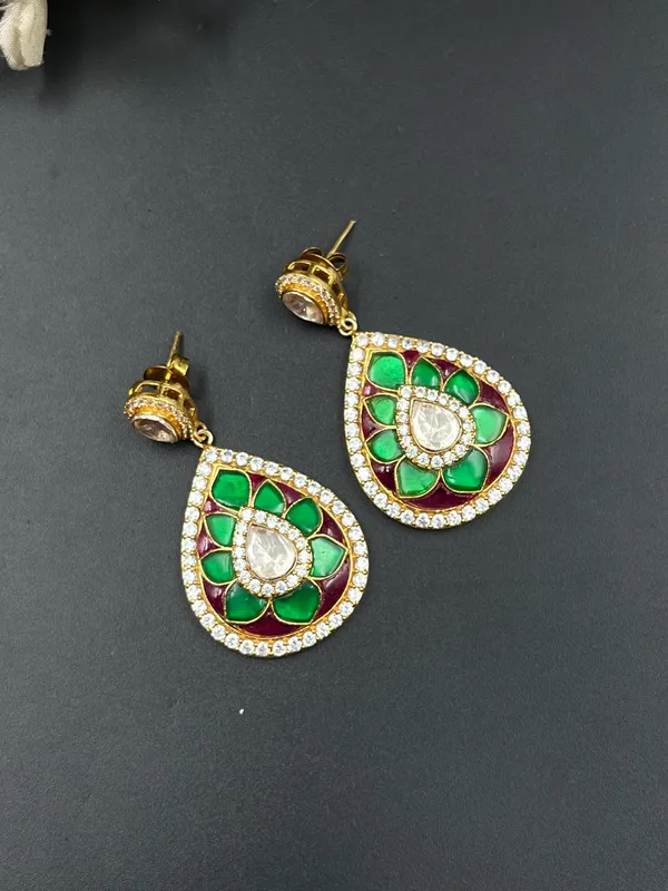 Green_Gold_Tone_Floral_Teardrop_Drop_Earrings_For_Women