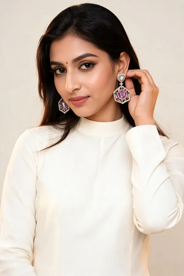 Purple_Gold-Tone_Stone_Hexagonal_Statement_Drop_Earrings_For_Women