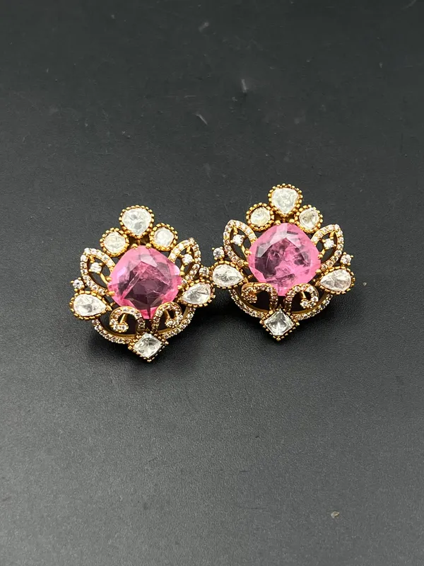 Pink_Gold-Tone_Rhinestone_Floral_Stud_Earrings_For_Women