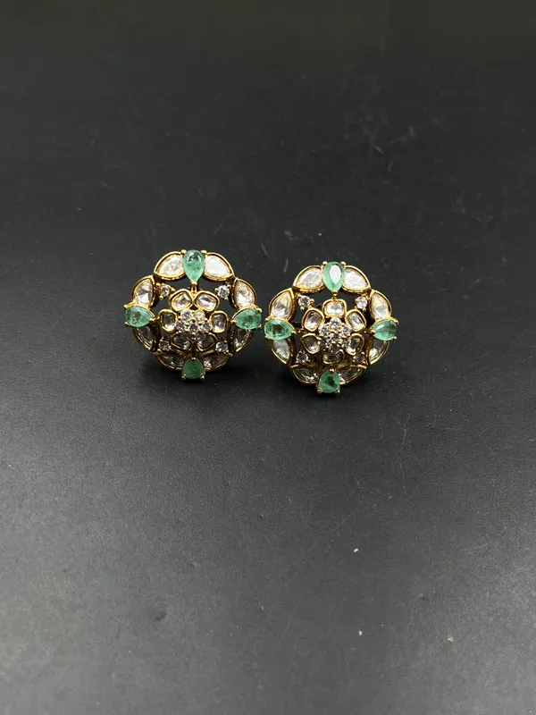 Gold_Green_Clear_Stone_Floral_Round_Stud_Earrings_For_Women