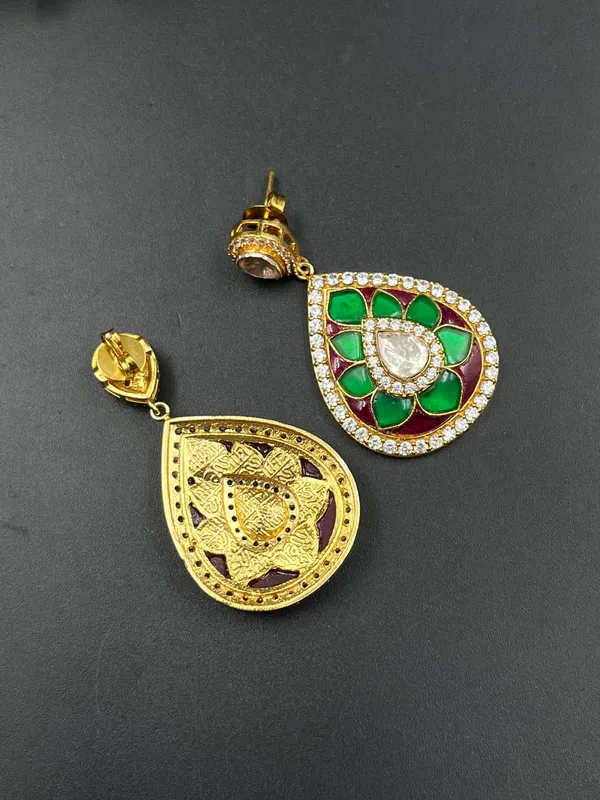 Green_Gold_Tone_Floral_Teardrop_Drop_Earrings_For_Women