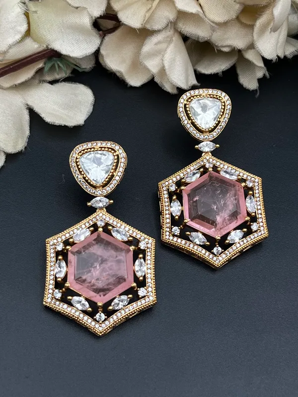 Gold_Pink_Hexagonal_Stone_Drop_Earrings_For_Women