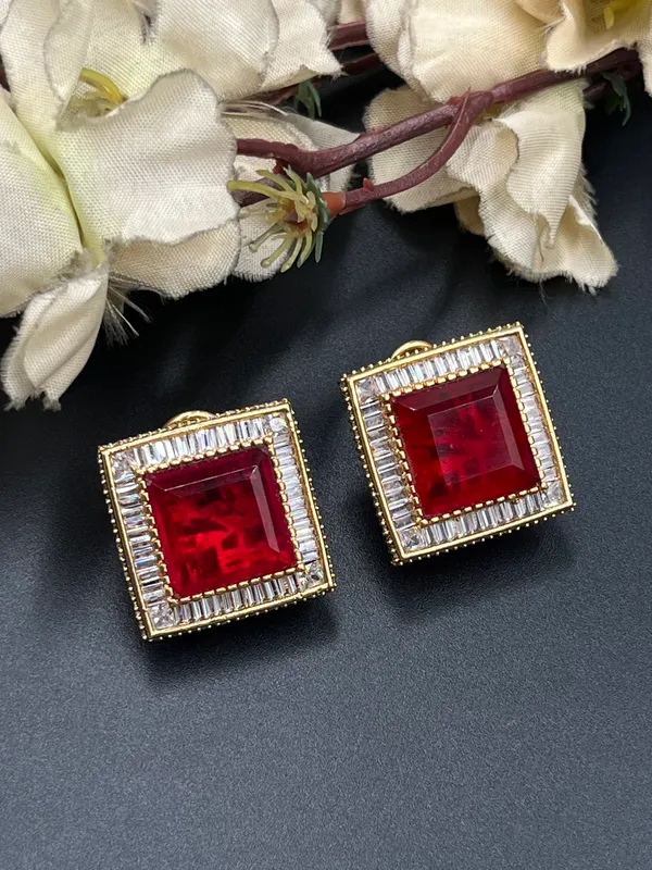 Red_Gold_Tone_Square_Stone_Stud_Earrings_For_Women