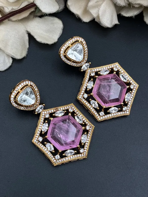 Purple_Gold-Tone_Stone_Hexagonal_Statement_Drop_Earrings_For_Women