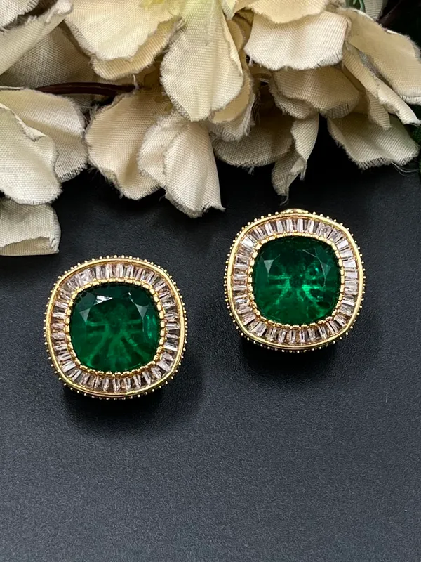 Green_Gold_Tone_Stone_Square_Stud_Earrings_For_Women