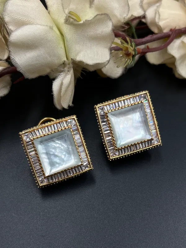 Gold-Tone_Square_Pearl_Effect_Stone_Stud_Earrings_For_Women