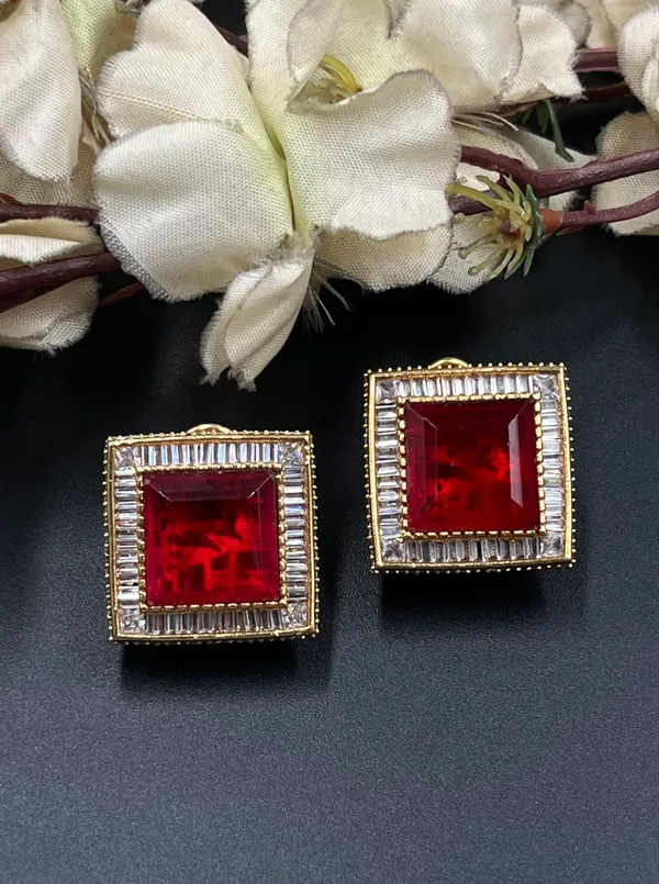 Red_Gold_Tone_Square_Stone_Stud_Earrings_For_Women