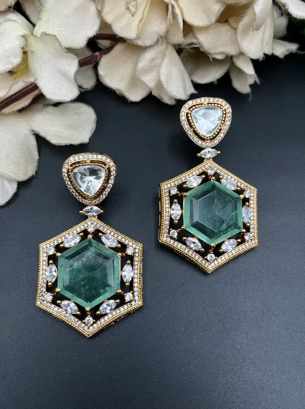 Gold_Green_Hexagonal_Stone_Drop_Earrings_For_Women