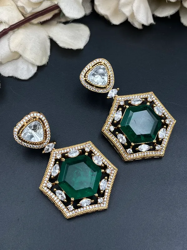 Gold_Green_Hexagonal_Stone_Drop_Earrings_For_Women