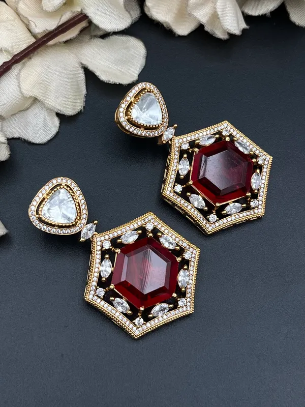 Gold_Red_Stone_Geometric_Hexagonal_Drop_Earrings_For_Women