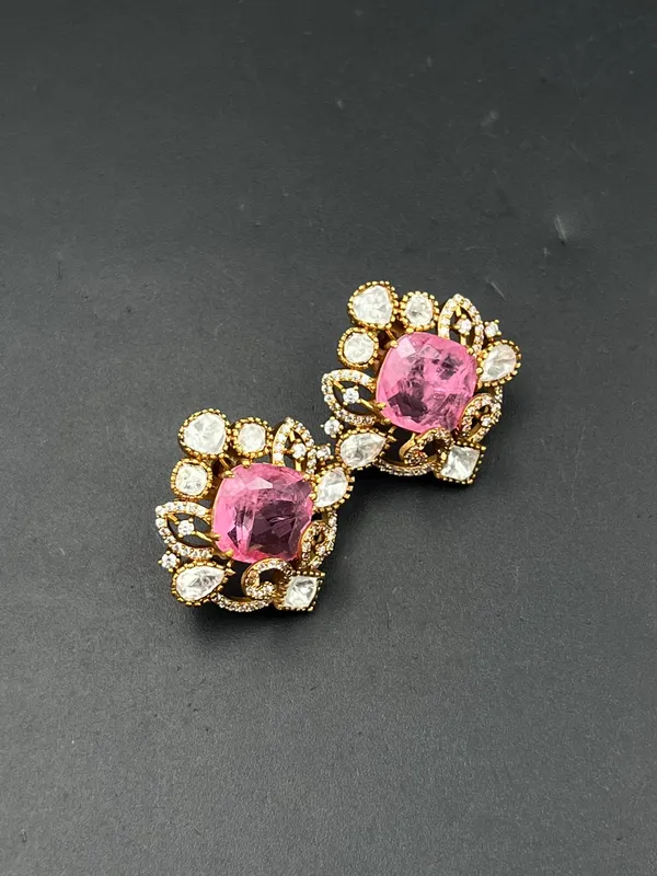 Pink_Gold-Tone_Rhinestone_Floral_Stud_Earrings_For_Women