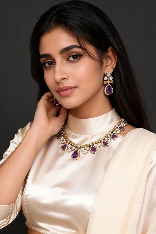 Gold_&_Purple_Stone_Teardrop_Necklace_Set_For_Women