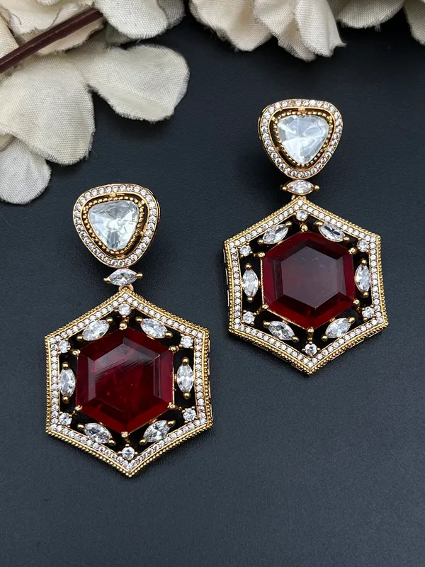 Gold_Red_Stone_Geometric_Hexagonal_Drop_Earrings_For_Women