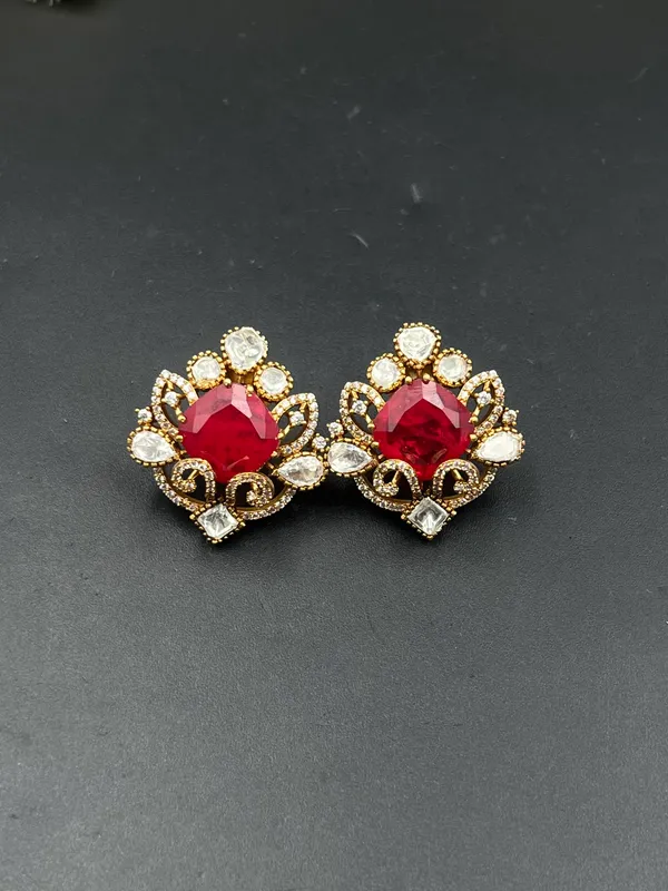 Red_Gold-Tone_Faceted_Stone_Floral_Statement_Drop_Earrings_For_Women