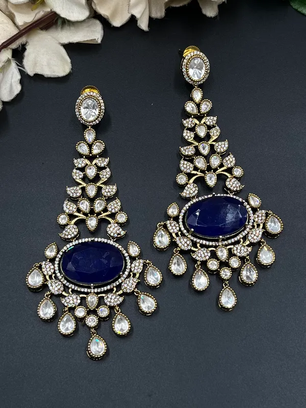 Blue_Gold_Tone_Oval_Stone_Floral_Dangler_Earrings_For_Women