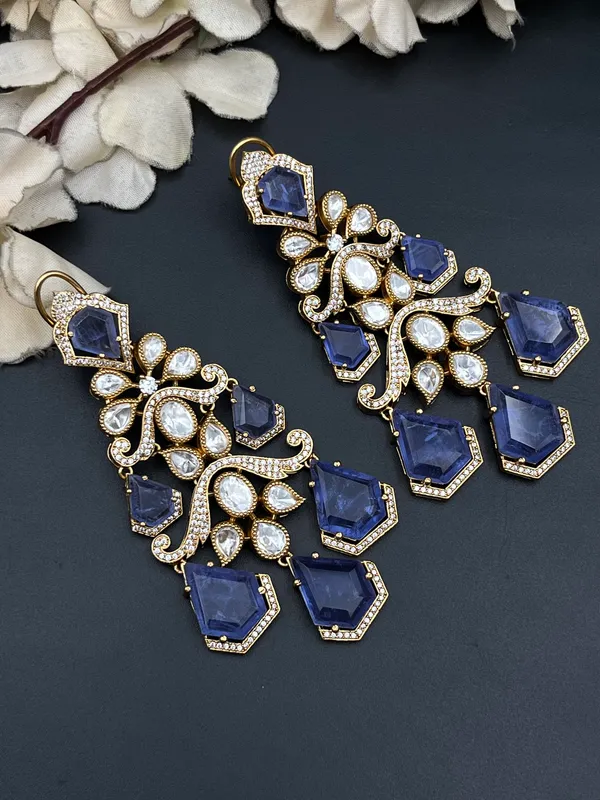 Blue_Gold_Tone_Floral_Chandelier_Earrings_For_Women