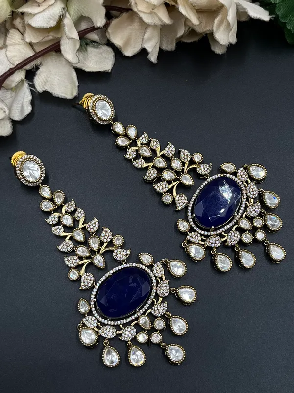 Blue_Gold_Tone_Oval_Stone_Floral_Dangler_Earrings_For_Women
