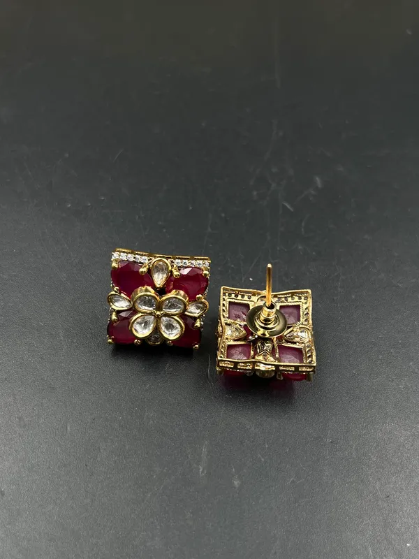 Red_Stone_Square_Floral_Stud_Earrings_For_Women
