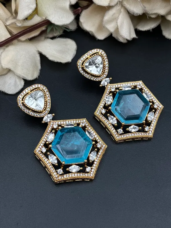 Gold_Blue_Stone_Hexagon_Drop_Earrings_For_Women