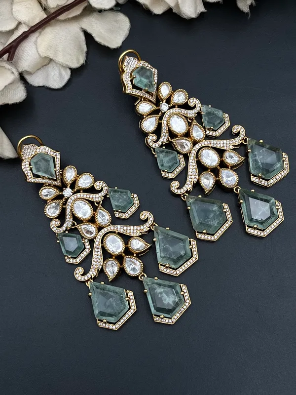 Gold_Green_White_Stone_Long_Chandelier_Earrings_For_Women