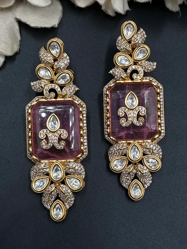 Pink_Gold-Tone_Faceted_Stone_Floral_Statement_Drop_Earrings_For_Women