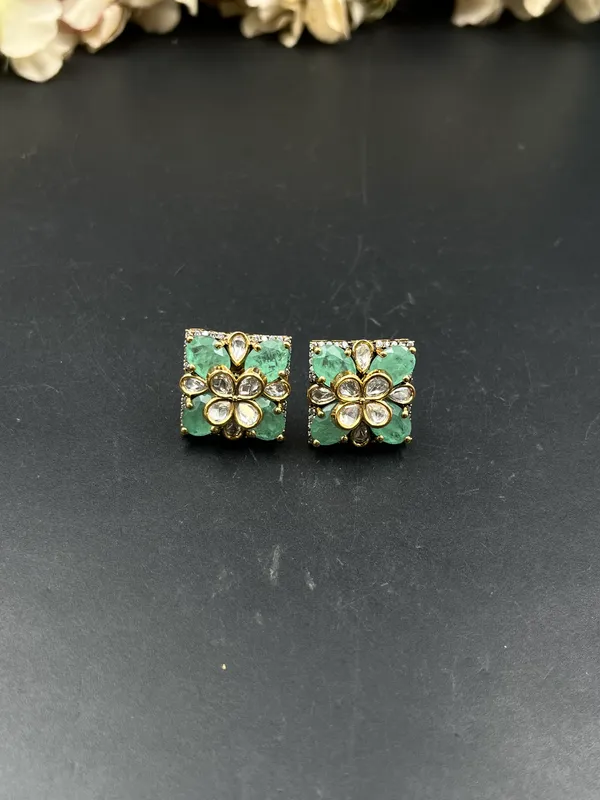 Gold_Green_Stone_Rectangular_Floral_Stud_Earrings_For_Women